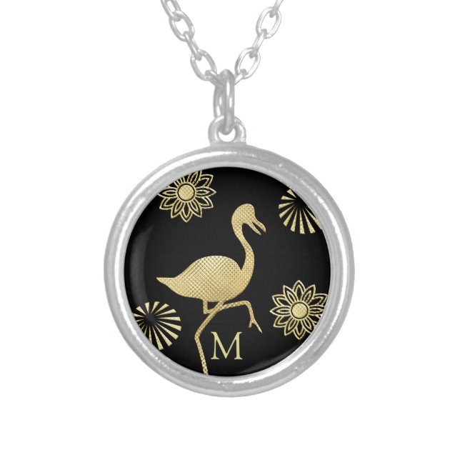 Elegant Gold and Black Flamingo Art Monogram Silver Plated Necklace (Front)