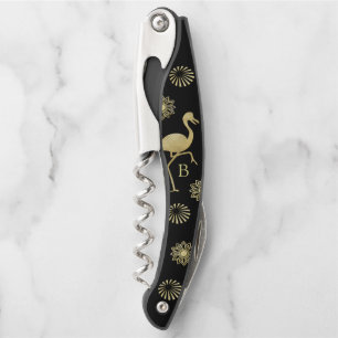 Elegant Gold and Black Flamingo Art Monogram Waiter's Corkscrew