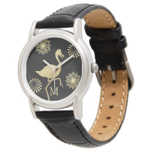 Elegant Gold and Black Flamingo Art Monogram Watch