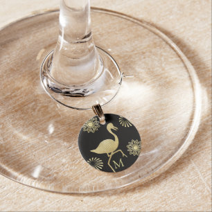 Elegant Gold and Black Flamingo Art Monogram Wine Charm
