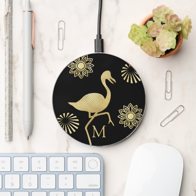 Elegant Gold and Black Flamingo Art Monogram Wireless Charger (Desk)
