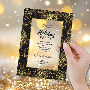 Elegant Gold and Black Floral Holiday Party Acrylic Invitations