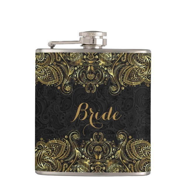 Elegant Gold And Black Floral Paisley Lace Flask (Front)