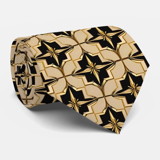 Elegant Gold and Black Geometric Pattern Neck Tie (Rolled)
