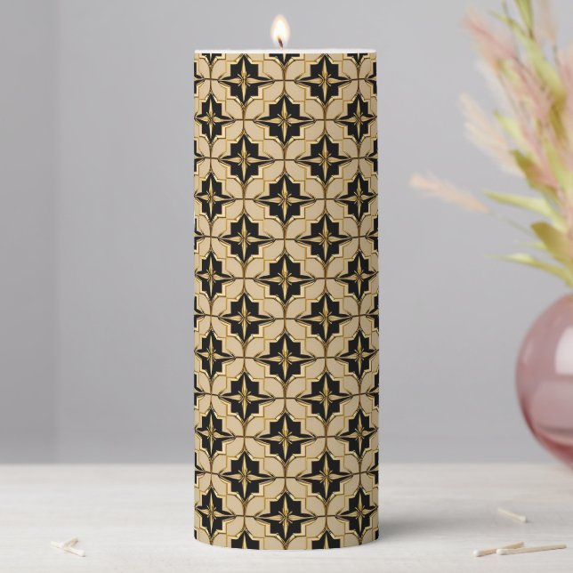 Elegant Gold and Black Geometric Pattern Pillar Candle (In Situ)