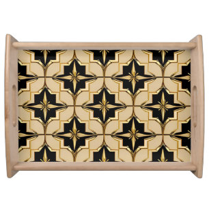 Elegant Gold and Black Geometric Pattern Serving Tray