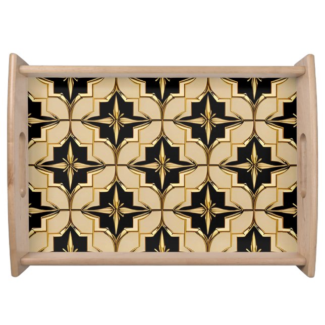 Elegant Gold and Black Geometric Pattern Serving Tray (Front)