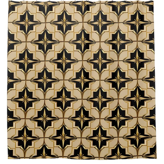 Elegant Gold and Black Geometric Pattern Shower Curtain (Front)