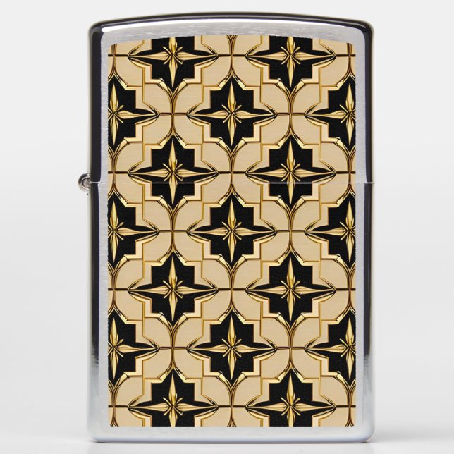 Elegant Gold and Black Geometric Pattern Zippo Lighter (Front)