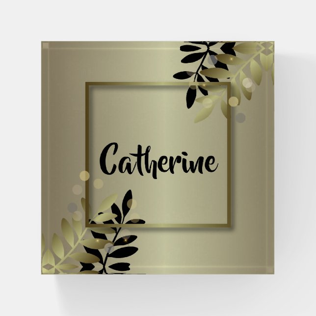 Elegant Gold and Black Gold Leafy Shiny Frame Paperweight (Front)