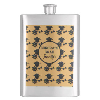 Elegant Gold and Black Graduation Cap Pattern Flask