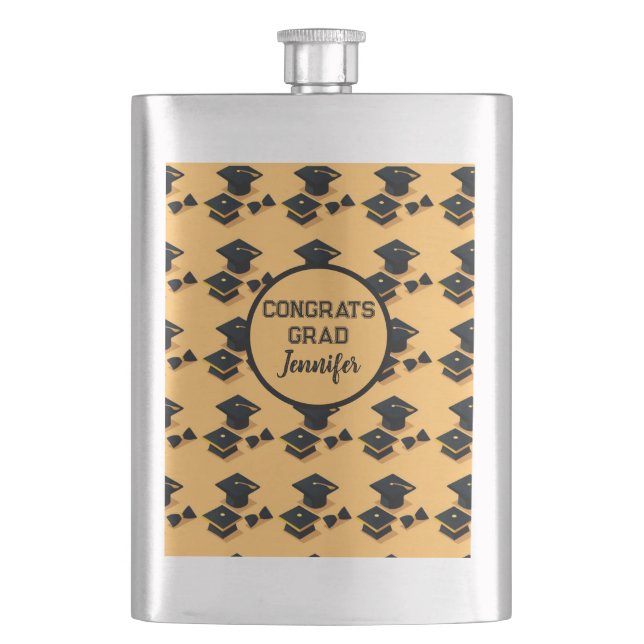 Elegant Gold and Black Graduation Cap Pattern Flask (Front)