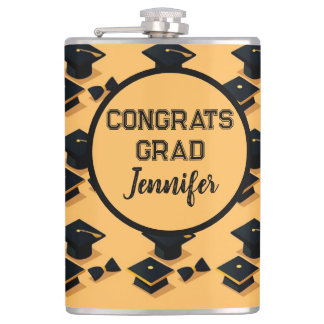 Elegant Gold and Black Graduation Cap Pattern Flask