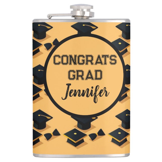 Elegant Gold and Black Graduation Cap Pattern Flask (Front)