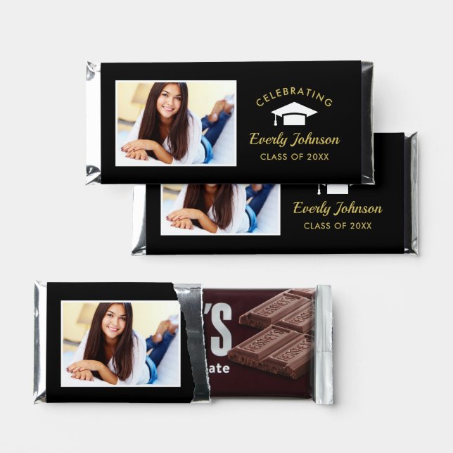 Elegant Gold and Black Graduation Photo Hershey Bar Favors (Front)