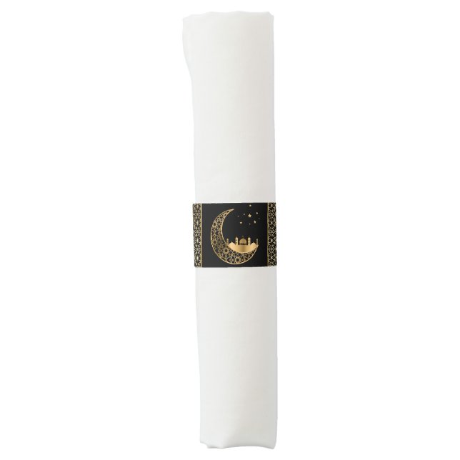 Elegant Gold and Black Islamic Patterns Crescent Napkin Bands (Front)