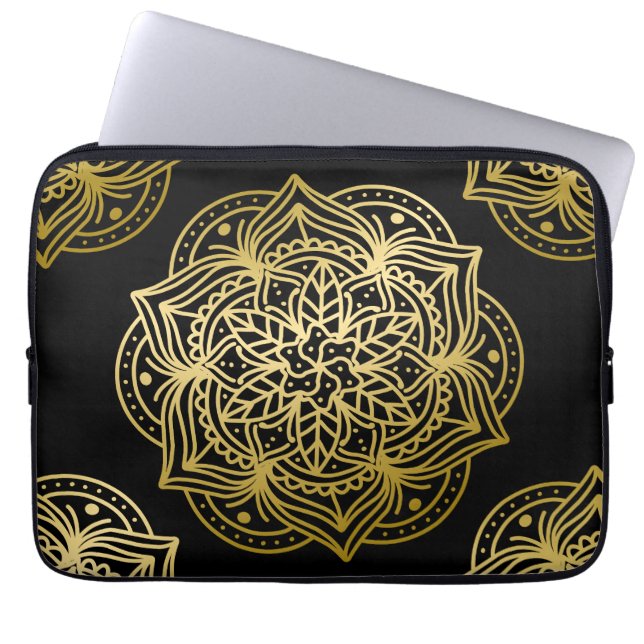 Elegant Gold and Black Mandala Pattern Laptop Sleeve (Front)