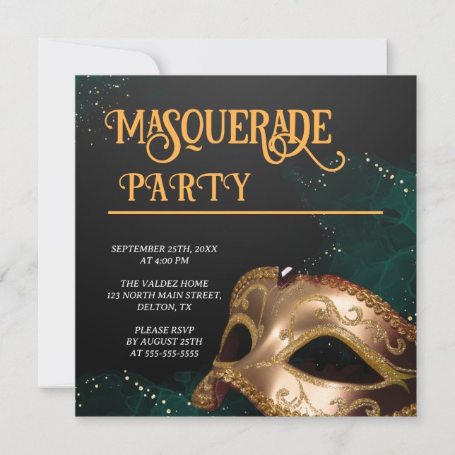 Elegant Gold and Black Masquerade Party Invitation (Front)