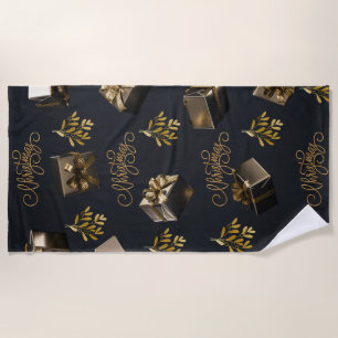 Elegant Gold And Black Merry Christmas Beach Towel