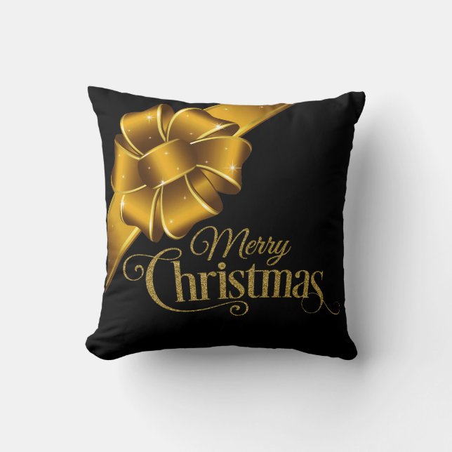 Elegant Gold and Black Merry Christmas Bow Holiday Throw Pillow (Front)