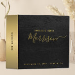 Elegant gold and black modern script wedding album 3 ring binder<br><div class="desc">Simple chic gold calligraphy script bride and groom names wedding album binder with a luxury look featuring black leather like and gold metallic foil backgrounds.           Easy to personalize with couple's names and wedding details.</div>