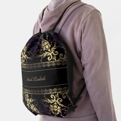 Elegant Gold and Black Monogram Drawstring Bag