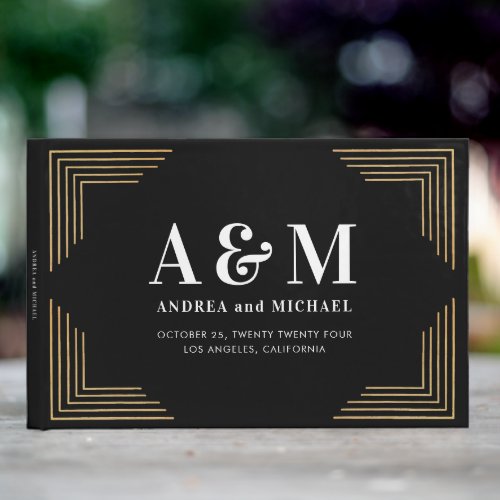 Elegant Gold and Black Monogram Geometric Wedding Guest Book