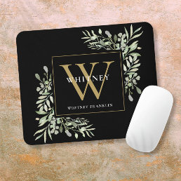 Elegant Gold and Black Monogram Greenery Floral Mouse Pad