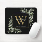 Elegant Gold and Black Monogram Greenery Floral