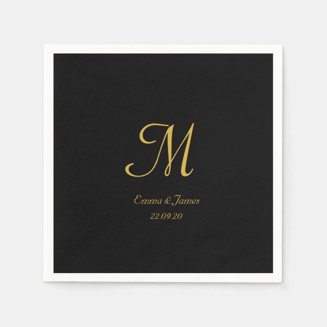 Elegant Gold and Black Monogram Wedding Party Napkins (Front)