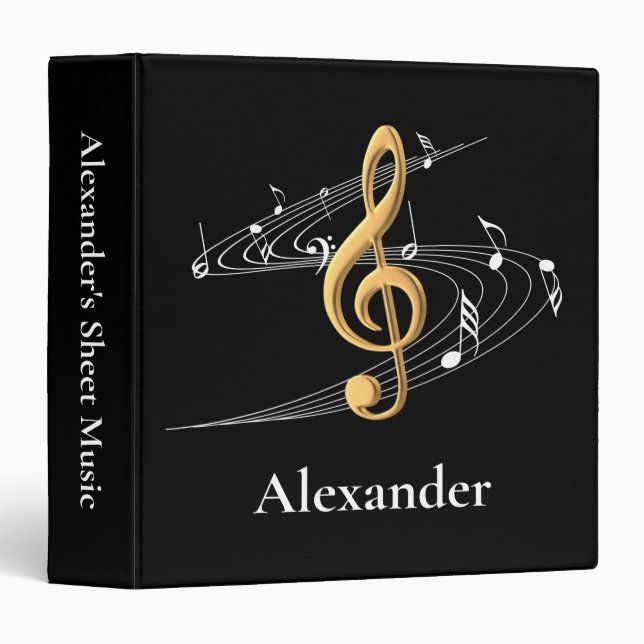 Elegant Gold and Black Music Notes Custom Name 3 Ring Binder (Front/Spine)