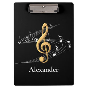 Elegant Gold and Black Music Notes Custom Name Clipboard