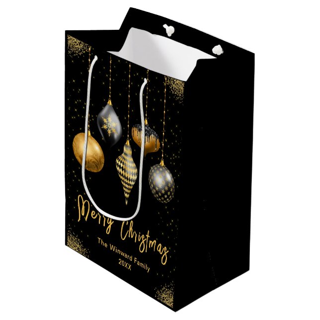 Elegant Gold and Black Ornament Christmas Medium Gift Bag (Front Angled)