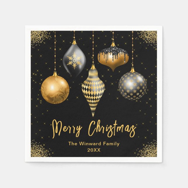 Elegant Gold and Black Ornament Christmas Napkins (Front)