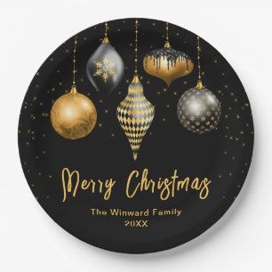 Elegant Gold and Black Ornament Christmas Paper Plates