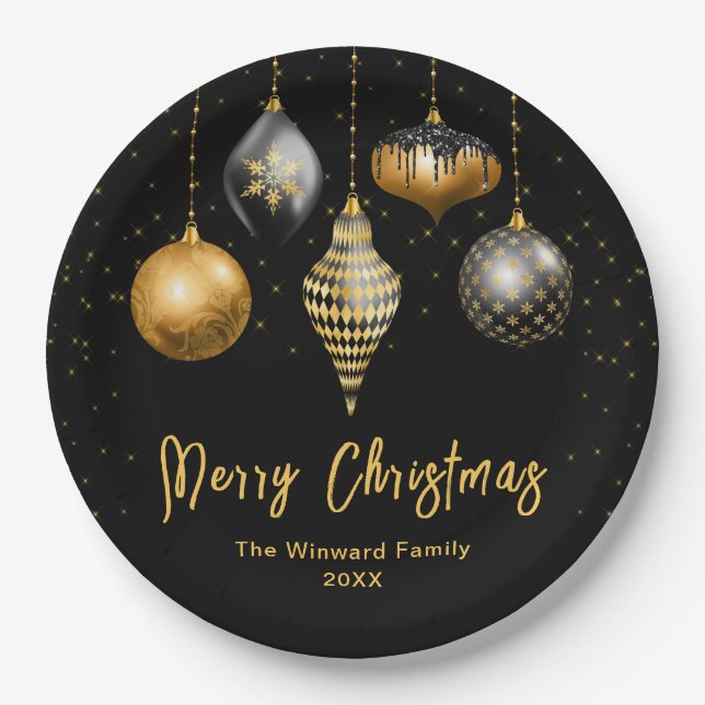 Elegant Gold and Black Ornament Christmas Paper Plates (Front)