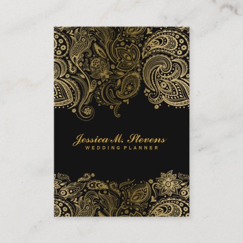 Elegant Gold And Black Paisley 3 Wedding Planner Business Card