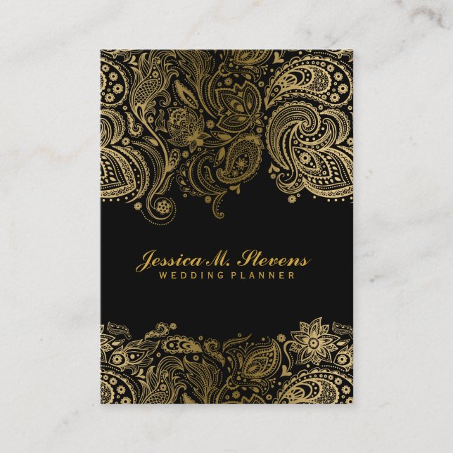 Elegant Gold And Black Paisley 3 Wedding Planner Business Card (Front)