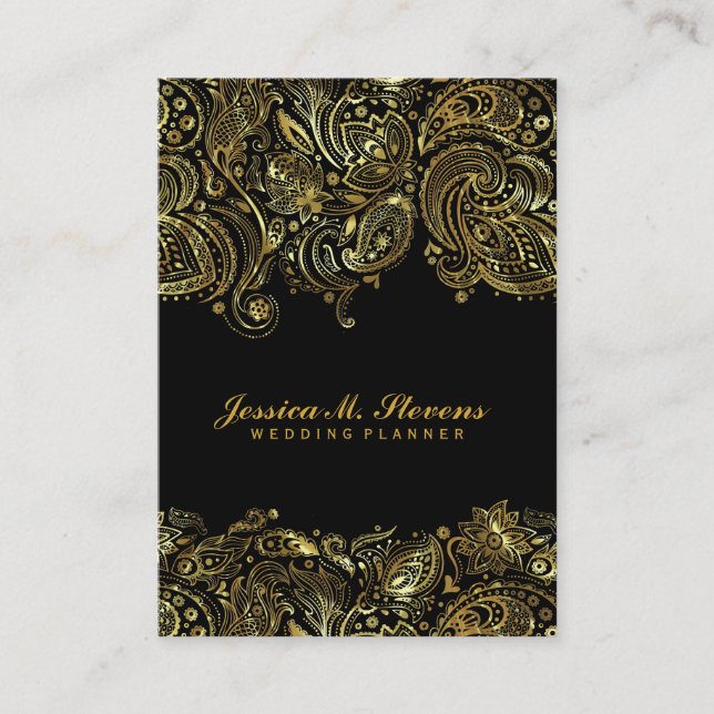 Elegant Gold And Black Paisley 3 Wedding Planner Business Card (Front)