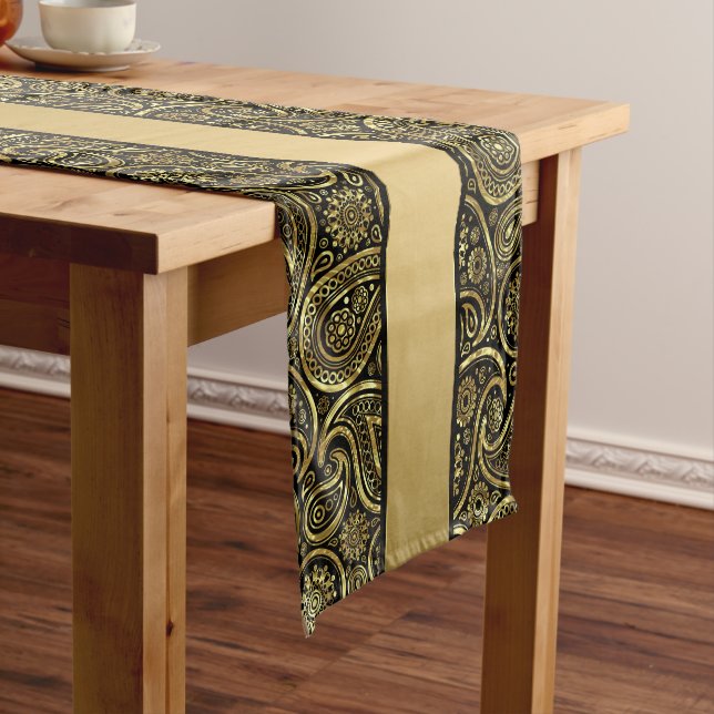 Elegant Gold And Black Paisley & Stripes Short Table Runner (In Situ)