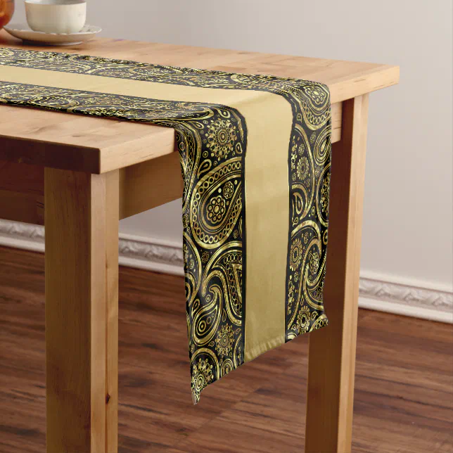Elegant Gold And Black Paisley & Stripes Short Table Runner | Zazzle
