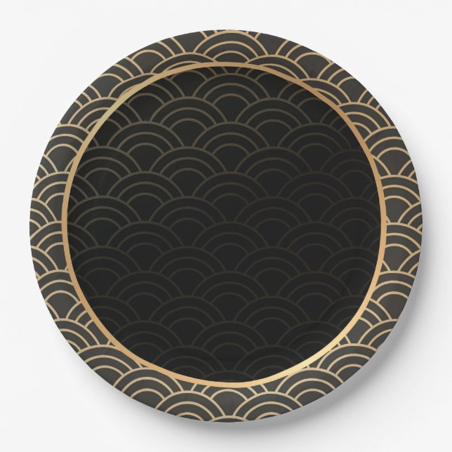 Elegant gold and black pattern paper plates (Front)
