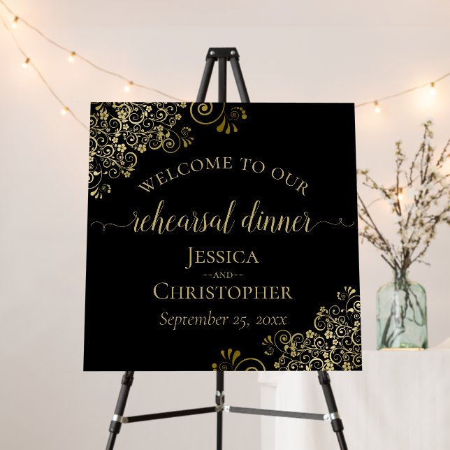 Elegant Gold and Black Rehearsal Dinner Welcome Foam Board (In Situ (Stand))