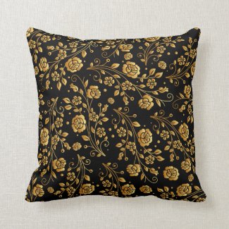 Elegant Gold and Black Rose Throw Pillow