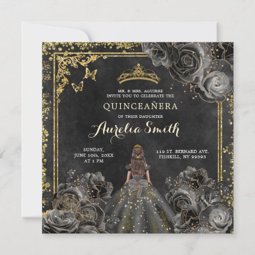 Elegant Gold and Black Roses Princess Quinceaera Invitation