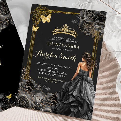 Elegant Gold and Black Roses Princess Quinceaera Invitation