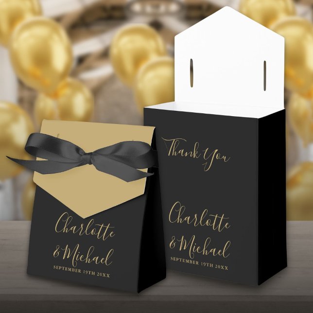 Elegant Gold And Black Script Wedding Favor Boxes (Elegant Gold And Black Script Wedding Favor Box)