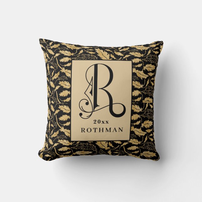 Elegant Gold and Black Scroll Typorgraph Monogram Throw Pillow (Front)