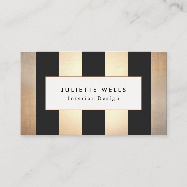 Elegant Gold and Black Stripes Interior Designer Business Card (Front)
