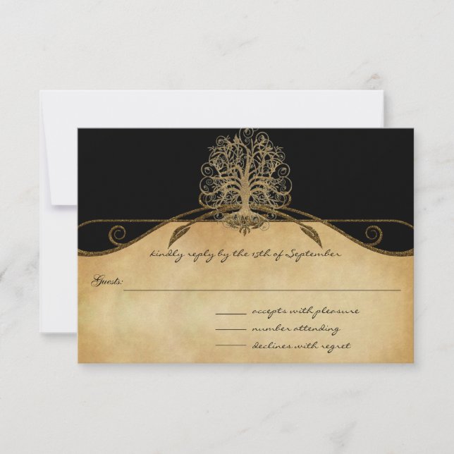 Elegant Gold and Black Tree Wedding RSVP (Front)